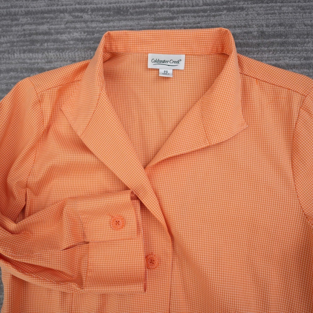 Coldwater Creek Top Women Orange Check Big Collar Button Up‎ Shirt Gingham PS